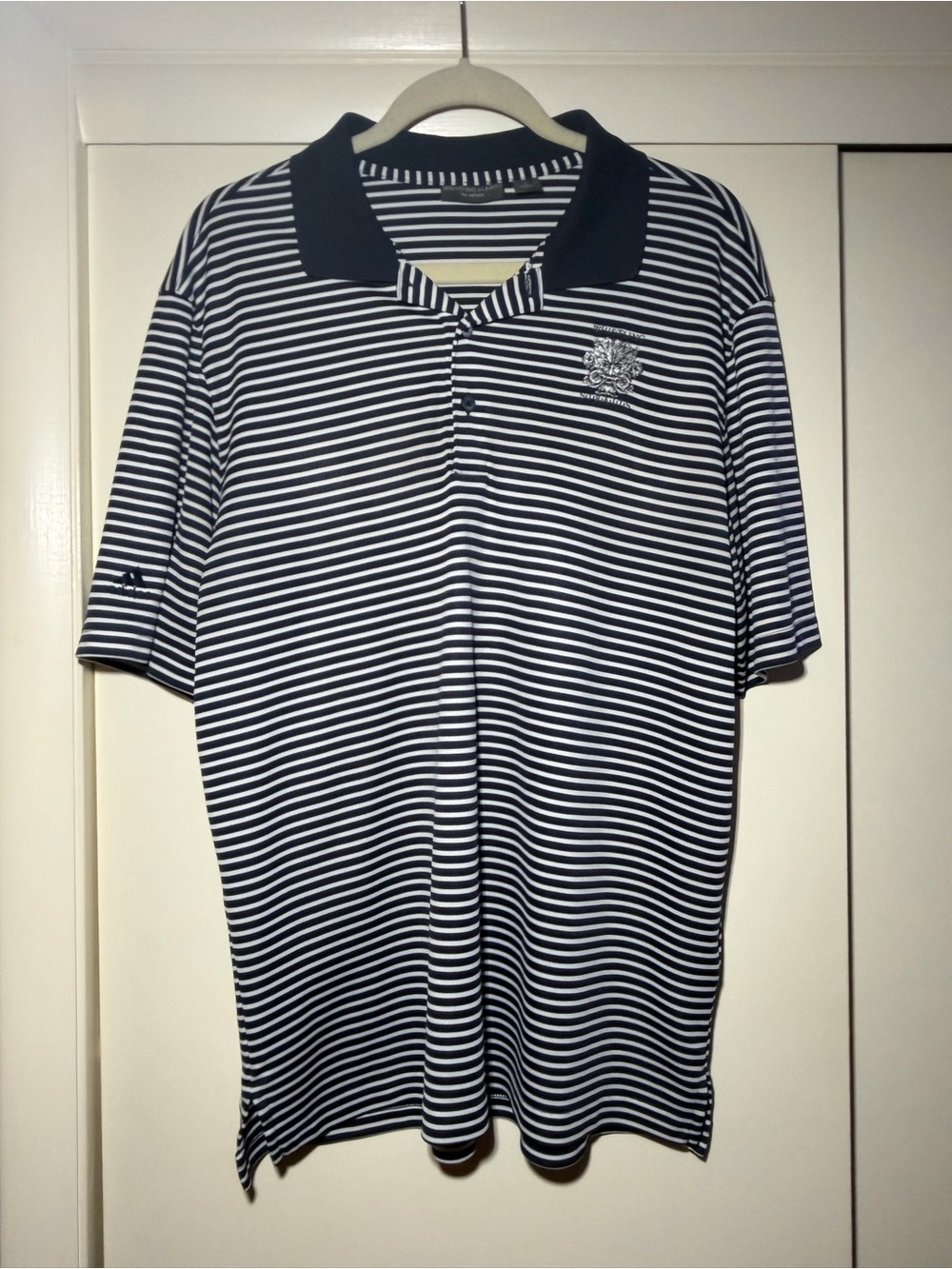 Men's Navy & White Striped Polo Shirt Golf Whistling Straights by Adidas Large